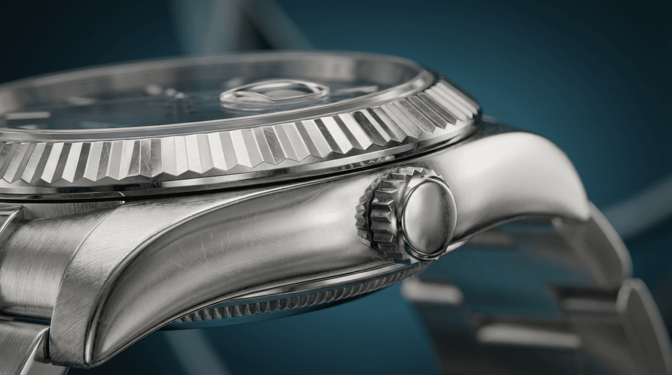 Luxury watch case macro detail showing stainless steel crown and bezel with studio lighting highlighting precision engineering.