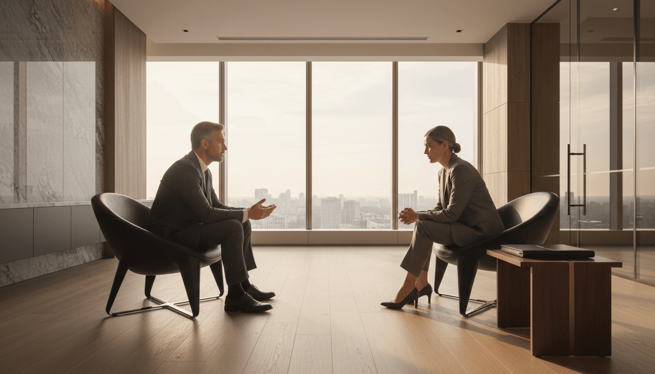 Private consultation room with portfolio documents on a polished table