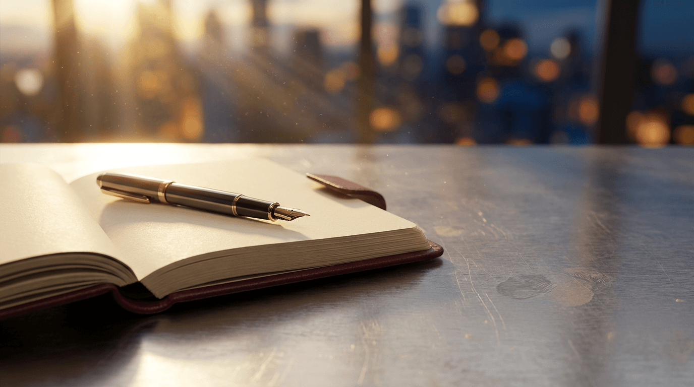 Empty boardroom desk with fountain pen under warm light