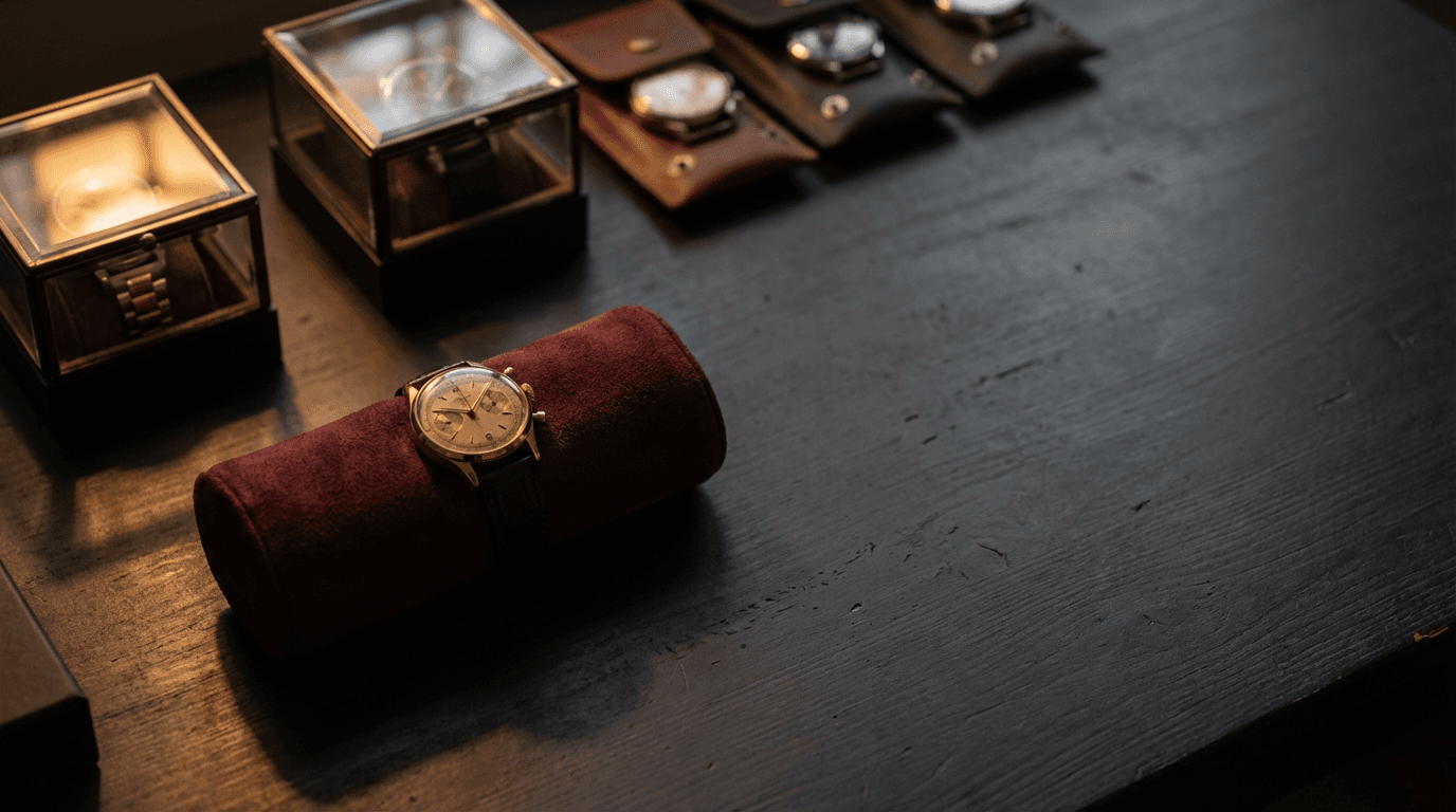 Collector's watch beside a sealed document portfolio on a dark desk