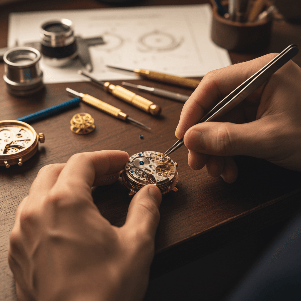 Close-up of a watchmaker's hands adjusting a luxury timepiece