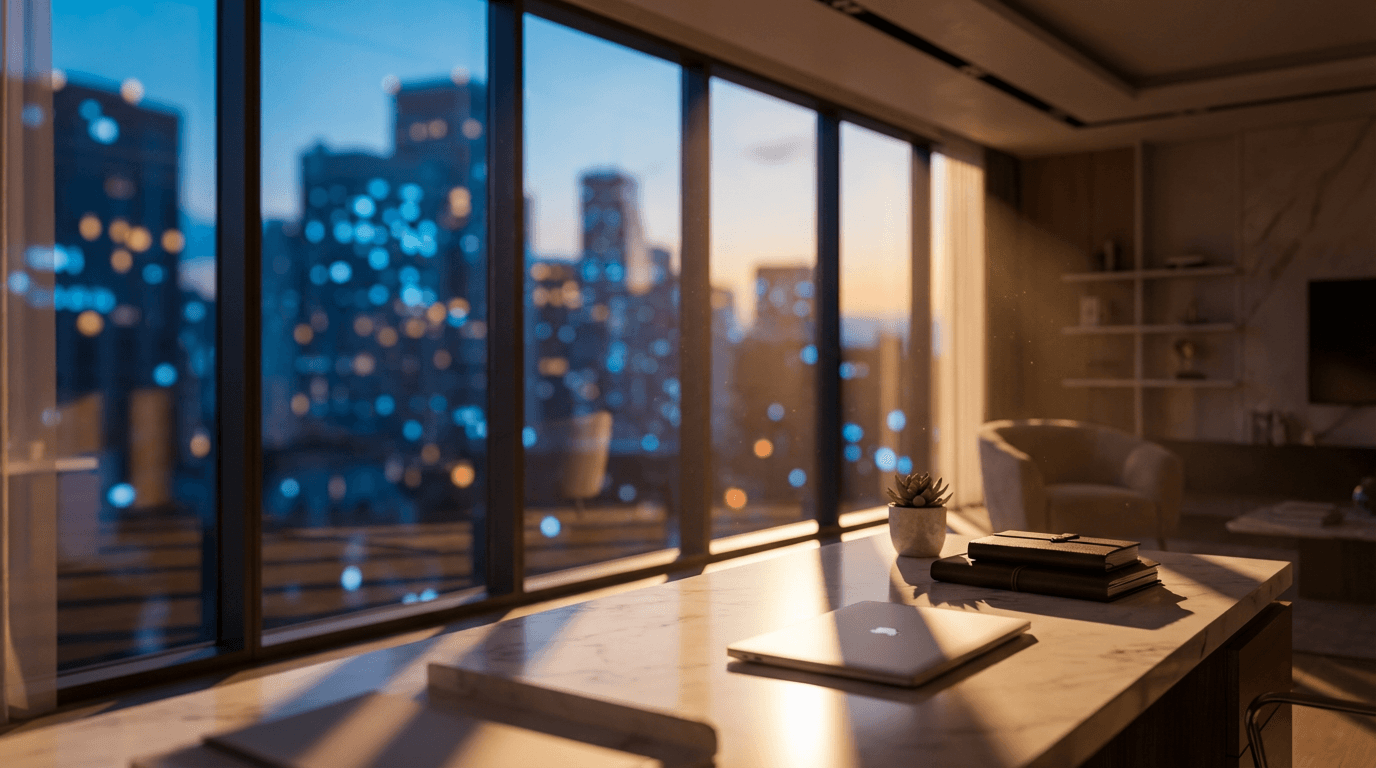 Minimalist office with a desk and city skyline at dusk
